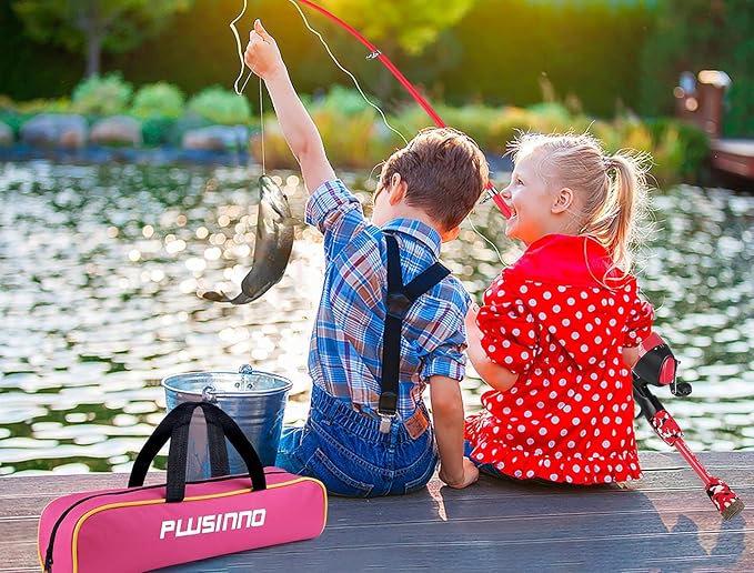 PLUSINNO Kids Fishing Pole with Spincast Reel Telescopic Fishing Rod Combo Full Kits for Boys, Girls, and Adults