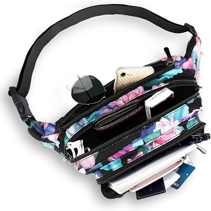 Waist Pack Bag Fanny Pack for Men&Women Hip Bum Bag with Adjustable Strap for Outdoors Workout Traveling Casual Running Hiking Cycling (New Black Flowers-1)
