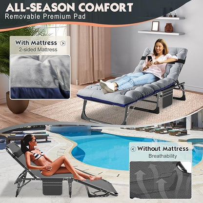 MOPHOTO Folding Lounge Chair 5-Position, Folding Cot, Portable Outdoor Chaise Lounge Chair for Sun Tanning, Perfect for Pool Beach Patio Sunbathing