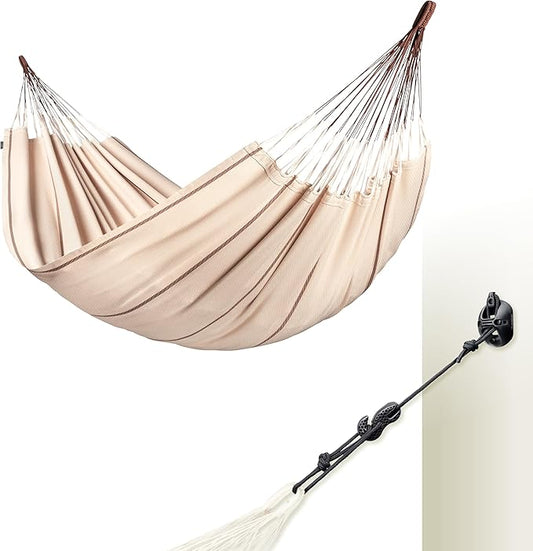LA SIESTA® Modesta Organic Cotton Hammock & Wall Mount Kit for Walls Ceilings & Square Beams - Indoor Outdoor Hammock Swing, Portable Hammock for Outside Patio Bed - 2 Person Hammock, XL King, Nougat