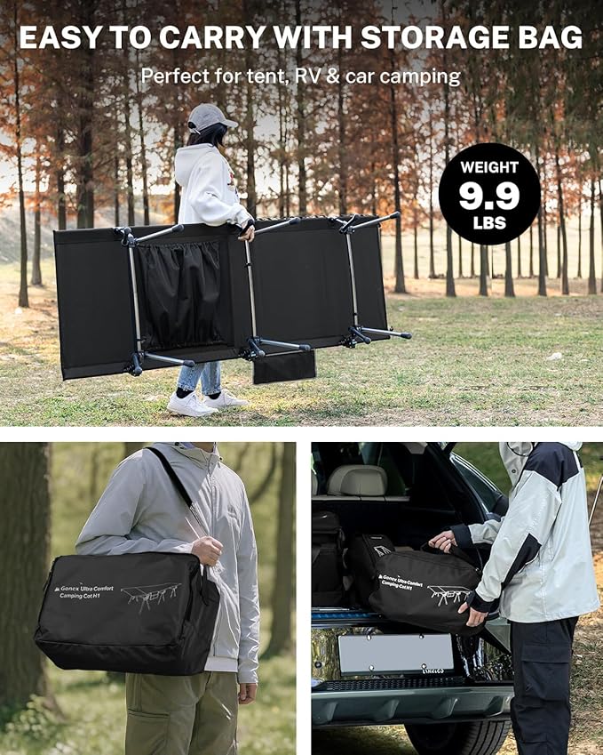 Gonex 31.5" Extra Wide Camping Cot with Leg Extenders 2 in 1 Portable Folding Cot for Adults Height Adjustable Supports 350lbs Sleeping Bed for Backpacking Travel Beach Home (Black)