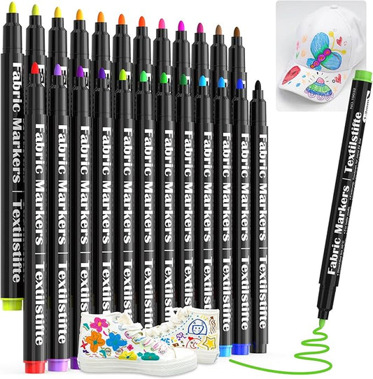 JR.WHITE Fabric Markers Permanent for T Shirts Clothes Onesies Bibs White Pillow Canvas Tote Bags Clothing - No Bleed - Fine Tip - Child Safe & Non Toxic Fabric Paint Pens Set of 24 Colors
