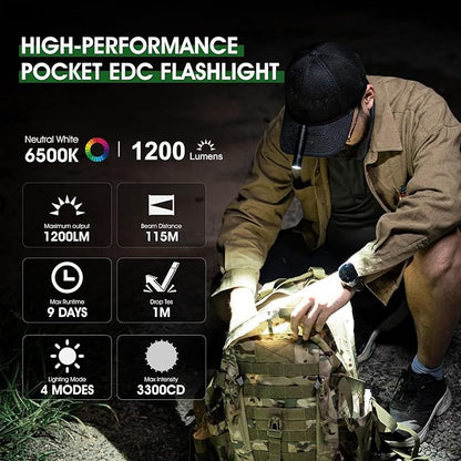 Rechargeable Flashlights 1200 Lumens EDC Flashlight, AA Pocket Flashlight High Lumens with Clip, Super Bright Small Flashlights, 4 Modes Flash Light for Camping, Home, and Emergencies (Green)