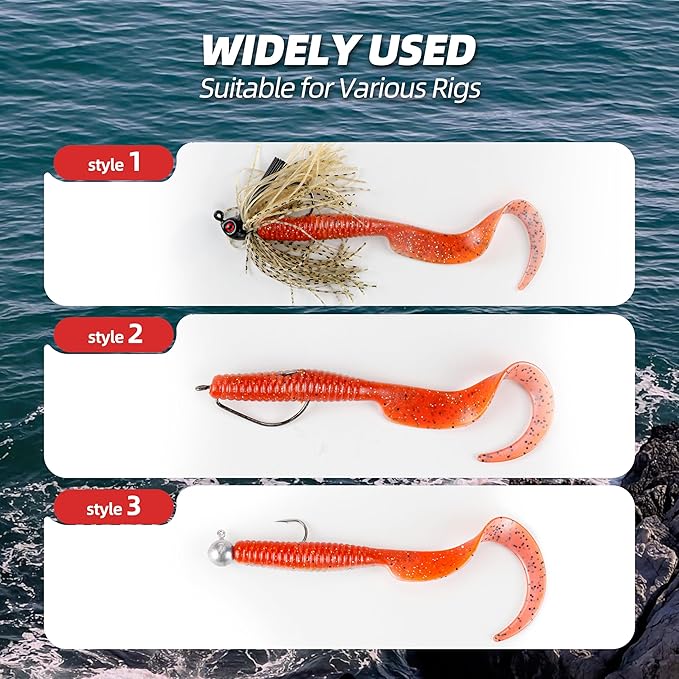 Curly Style Tail Worms Fishing Lures – Realistic Wavy Tail Soft Bait Grub Swimbaits for Saltwater & Freshwater Fishing, Available in 4 Inch & 6 Inch, Perfect for Bass, Trout, Crappie, & More