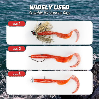 Curly Style Tail Worms Fishing Lures – Realistic Wavy Tail Soft Bait Grub Swimbaits for Saltwater & Freshwater Fishing, Available in 4 Inch & 6 Inch, Perfect for Bass, Trout, Crappie, & More