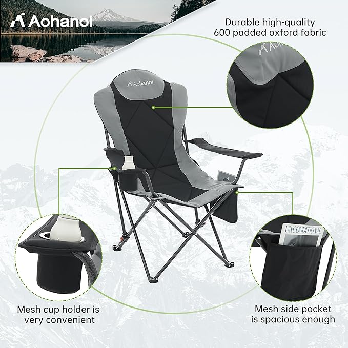 Camping Chairs, Portable Camp Chairs for Heavy People with Adjustable Angled Backrest, Outdoor Folding Camping Chairs for Outside Supports up to 350lbs, Carry Bag Included