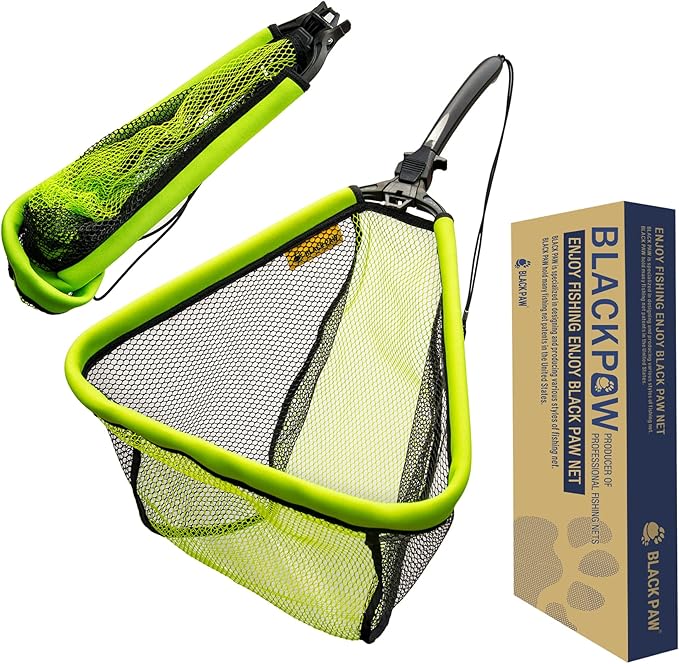 Black Paw Floating Fishing Net Foldable Telescopic Fish Landing Net with Built in Length Scale Rubber Coated for Kayak, Fly, Trout