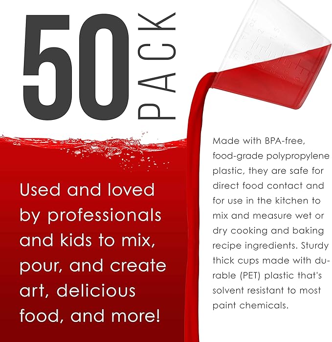 Pouring Masters 2 Oz (60 ml) Liquid Measuring Cups - Plastic Graduated Cup (50 Pack) with 25 Sticks - Reusable Mixing Cups for Paint, Craft, Kitchen, Lab, Medical Supplies, Epoxy Resin, Art