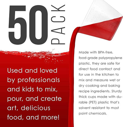 Pouring Masters 2 Oz (60 ml) Liquid Measuring Cups - Plastic Graduated Cup (50 Pack) with 25 Sticks - Reusable Mixing Cups for Paint, Craft, Kitchen, Lab, Medical Supplies, Epoxy Resin, Art