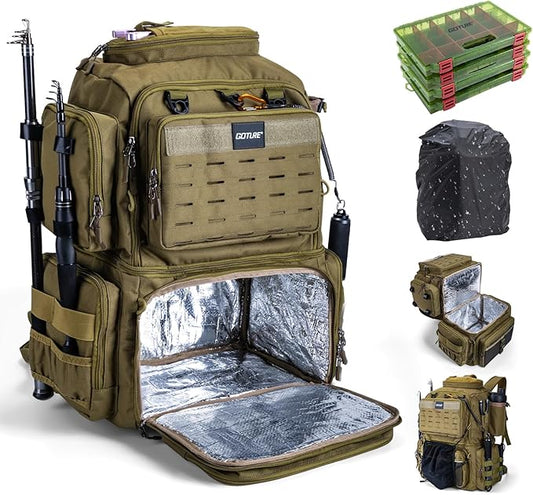 Goture Fishing Backpack with 4 Tackle Boxes, 53L 600D Water-Resistant Tackle Backpack with Cooler,Rod Holders, 8 Lure Pockets, Rain Cover, Large Fishing Bag Storage Gear Tackle Bag for Camping Hiking