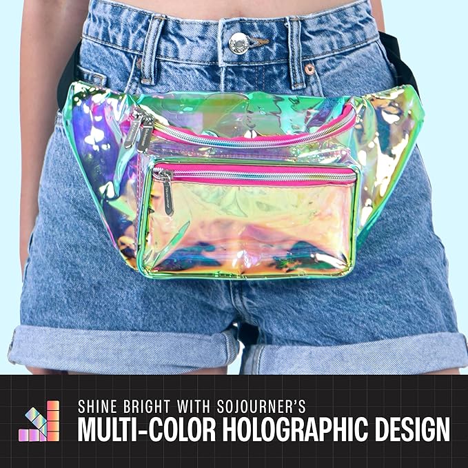 Holographic Clear Fanny Pack Belt Bag | Waterproof fanny pack for Women - Crossbody Bum Waist For Halloween costumes, Hiking, Running, Travel and Stadium Approved (Pink)
