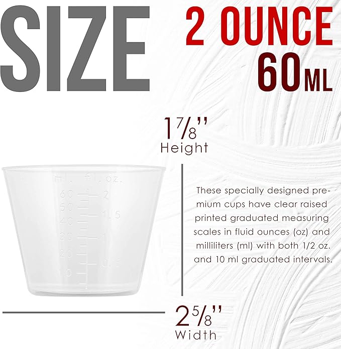 Pouring Masters 2 Oz (60 ml) Liquid Measuring Cups - Plastic Graduated Cup (50 Pack) with 25 Sticks - Reusable Mixing Cups for Paint, Craft, Kitchen, Lab, Medical Supplies, Epoxy Resin, Art