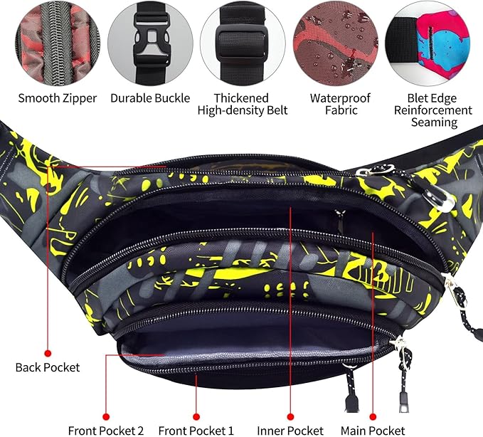 Crossbody Fanny Packs for Women, 5-Zipper Pockets Water Resistant Practical Waist Bag, for Outdoor Running Cycling Sports Travel Hiking Camping Fishing Fashionable Belt Bags