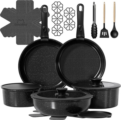 23 Pcs Pots and Pans Set Non Stick, Ceramic Cookware Set Non Toxic with Detachable Handles, Healthy Induction Cookware Oven Safe RV Kitchen Set, PFAS PFOA & PTFE Free, Black