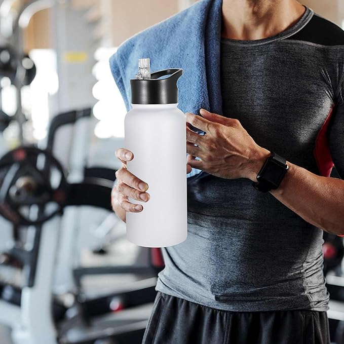 VEGOND 32 oz Insulated Water Bottle Bulk Stainless Steel Metal Water Bottles with Leak Proof Straw Lid & Spout Lid, Wide Mouth Double Walled Vacuum Travel Sports Bottle, 8 Pack