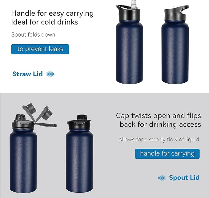 VEGOND 32 oz Insulated Water Bottle Stainless Steel Metal Water Bottles with Leak Proof Straw Lid & Spout Lid, Wide Mouth Double Walled Vacuum Travel Sports Bottle, Navy Blue