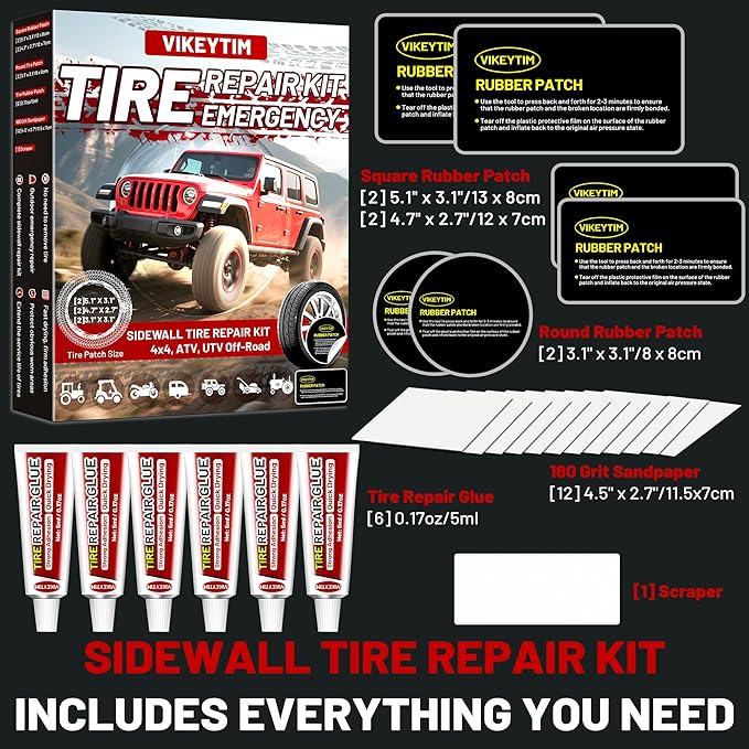 Sidewall Tire Repair Kit, Off-Road 4x4 Emergency Tire Patch Kit, UTV ATV Outdoor No Need to Remove Rubber Patch Kit Scratch or Puncture Repair Off-Road Accessories