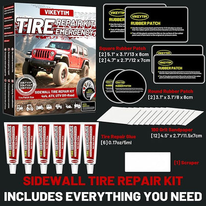Sidewall Tire Repair Kit, Off-Road 4x4 Emergency Tire Patch Kit, UTV ATV Outdoor No Need to Remove Rubber Patch Kit Scratch or Puncture Repair Off-Road Accessories