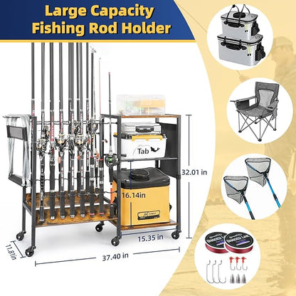 Olakee Fishing Rod Holder, Fishing Pole Holders for Garage Boat Home Entryway Fishing Gear Storage with Tackle Cart Ideal Gift for Men Dad Anglers Corner Design for Rods and Equipment Organizers