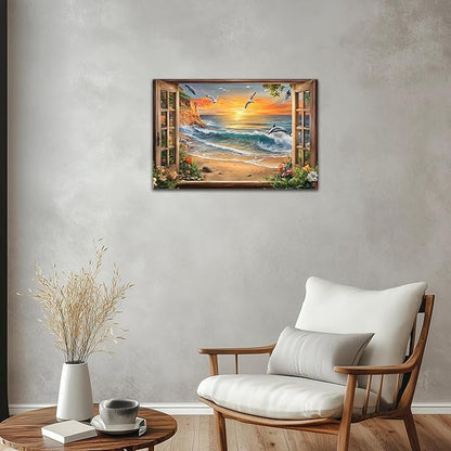 ANRUOXI Beach Canvas Wall Art, Sunset Coastal Prints Beach Scenery Fake Window View Picture, Blue Ocean Waves Seascape Painting, Seagull Dolphins Natural Landscape Artwork for Bedroom 18x24 Inch
