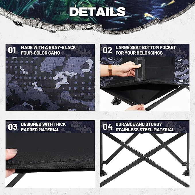 X Strike Oversized Folding Fishing Chair with Rod Holder Heavy Duty 350LBS, Feet Adjustable Padded Camping Chair with Cup Holder Side Pocket Hard Armrest