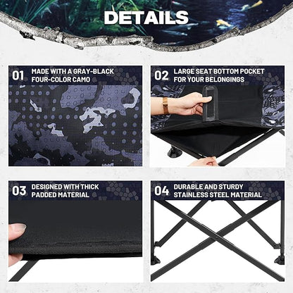 X Strike Oversized Folding Fishing Chair with Rod Holder Heavy Duty 350LBS, Feet Adjustable Padded Camping Chair with Cup Holder Side Pocket Hard Armrest