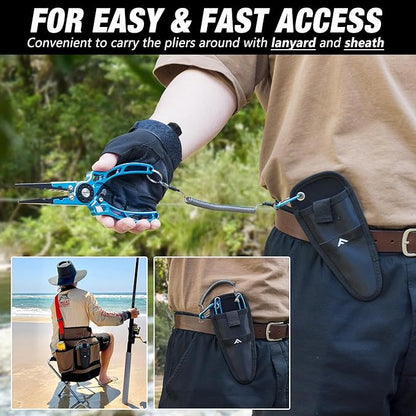 FLISSA 8 Inch Fishing Pliers, Safety Lock Design Fish Pliers Saltwater, Corrosion Resistant Aluminum hook remover with Braid Cutters, Sheath and Lanyard, Fishing Tool Gifts for Men