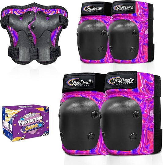 Nattork Knee Pads for Kids Youth Audlt，Knee and Elbow Pads with Wrist Guards 6 in 1 Protective Gear Set for Skateboard, Roller Skate, Inline Skates, Cycling and Scooter Boys Girls