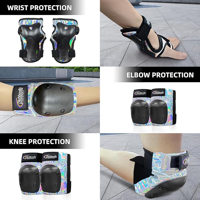 Nattork Knee Pads for Kids Youth Audlt，Knee and Elbow Pads with Wrist Guards 6 in 1 Protective Gear Set for Skateboard, Roller Skate, Inline Skates, Cycling and Scooter Boys Girls