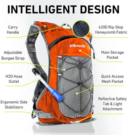Vibrelli Hydration Backpack & 2L Hydration Bladder - High Flow Bite Valve - Hydration Pack for Cycling, Running, Hiking