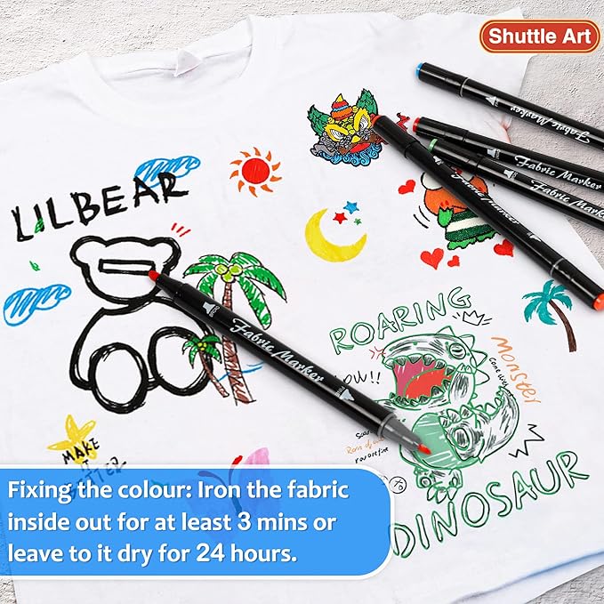 Shuttle Art Fabric Markers Pens, 30 Colors Dual Tip Fabric Marker Permanent No Bleed Markers for T-Shirts Sneakers, Non-Toxic & Child Safe Permanent Fabric Pens for Kids Adult Painting Writing
