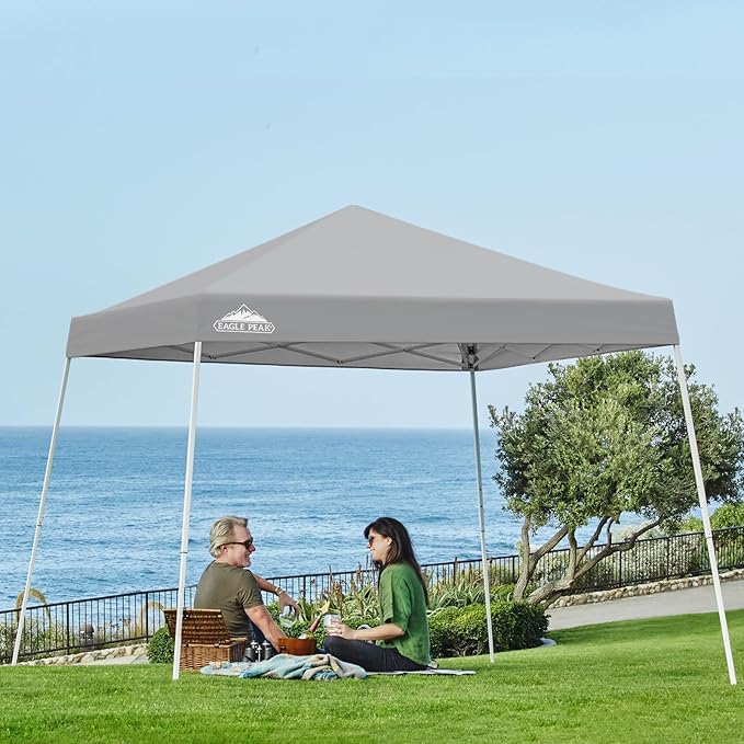EAGLE PEAK 10x10 Slant Leg Pop-up Canopy Tent Easy One Person Setup Instant Outdoor Beach Canopy Folding Portable Sports Shelter 10x10 Base 8x8 Top (Light Gray)