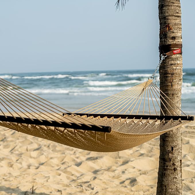 Lazy Daze Hammocks 10.5 FT Double 2 Person Caribbean Rope Hammock, Hand Woven Polyester Hammock with Spreader Bars, for Outside Outdoor Backyard Patio Poolside,450 LBS Capacity, Tan