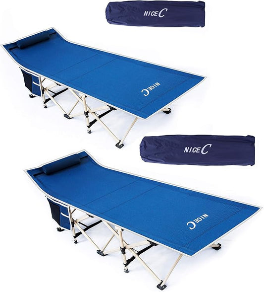 Nice C Camping Cots, Cots for Adults, Folding Cot, with Pillow, Carry Bag & Storage Pocket, Extra Wide Sturdy, Holds Up to 500 Lbs (2, Blue)