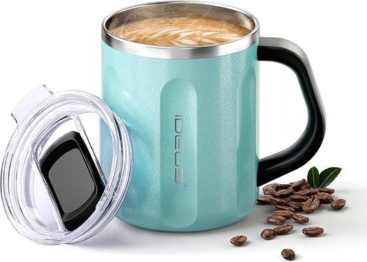 Ideus 16 oz Coffee Cup, Stainless Steel Coffee Travel Mug, Spill Proof Tea Mug with Handle and Lid, Lightweight and Durable, Great for Office Home and Outdoor Use, Sky Blue-FUJI FLOW