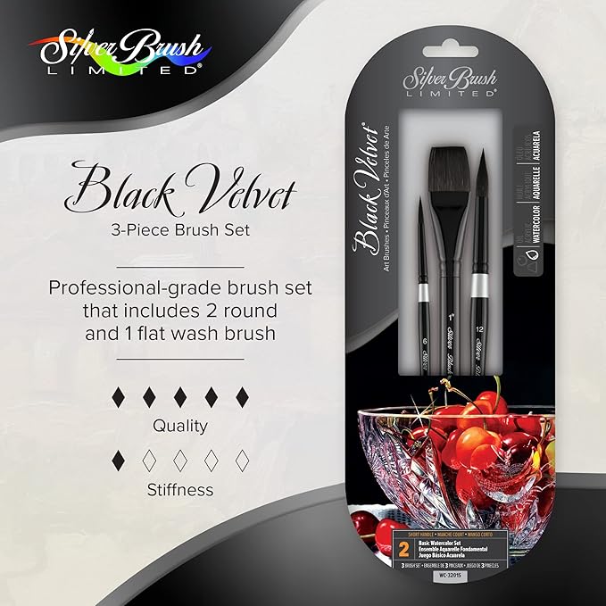 Silver Brush Limited WC-3201S Black Velvet Basic Watercolor Set, Set of 3, Size 1 Inch Flat Wash, and Sizes 6 and 12 Round Paintbrushes, Short Handle