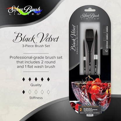 Silver Brush Limited WC-3201S Black Velvet Basic Watercolor Set, Set of 3, Size 1 Inch Flat Wash, and Sizes 6 and 12 Round Paintbrushes, Short Handle