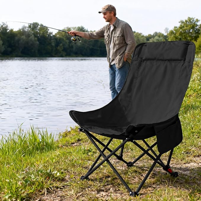 Camping Chair, Folding Camping Chairs for Adults with Pillow Design, Sports Chairs with Adjustable-Back Outdoor Chair for Gardens, Fishing, Beaches (Black)
