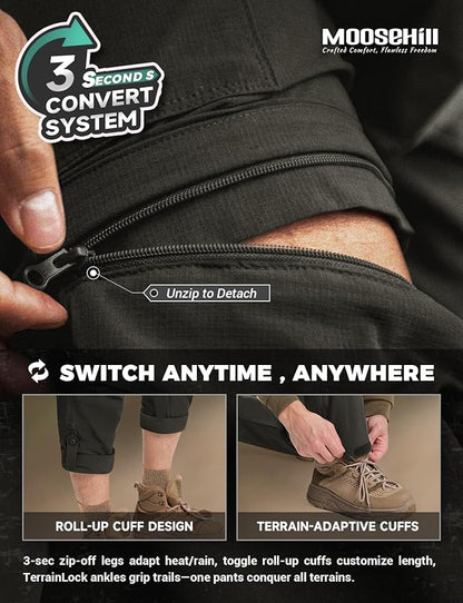 Moosehill Men's-Hiking-Pants Convertible Quick-Dry Water-Resistant Lightweight Zip-Off Outdoor with 5 Deep Pockets