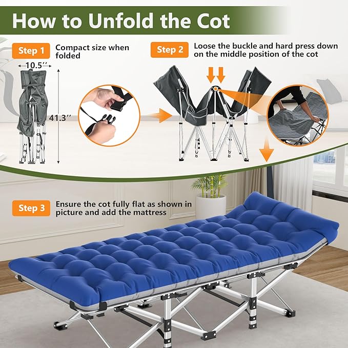 Slendor Folding Camping Cot with Mattress for Adults,74”L x 28”W x 15”H, Portable Sleeping Cot Bed for Tent, Office, Camping, Outdoor, Striated Gray Cot,Gray+Blue Pad,500lbs Load