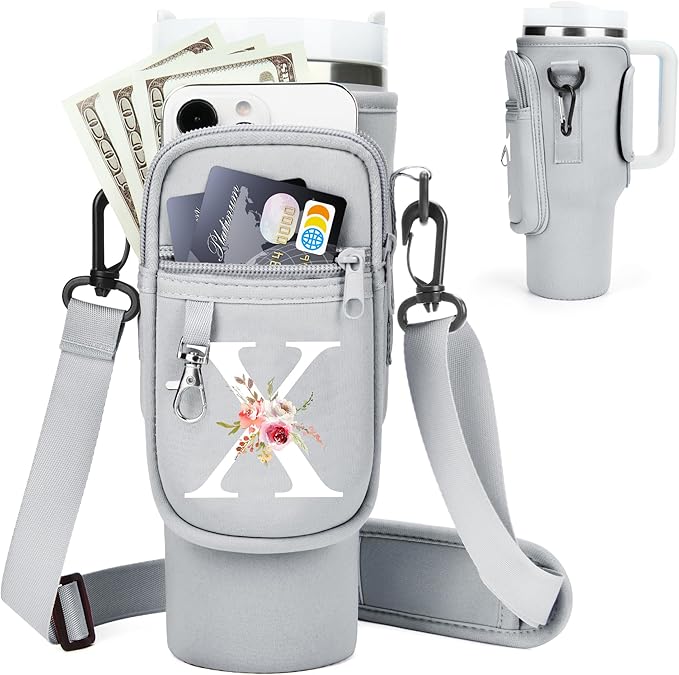Initial Water Bottle Holder with Strap for Stanley 40 oz Tumbler/Simple Modern 40 oz Tumbler,Water Bottle Carrier Bag with Strap,Personalized A-Z Phone Pocket for Stanley Cup Accessories