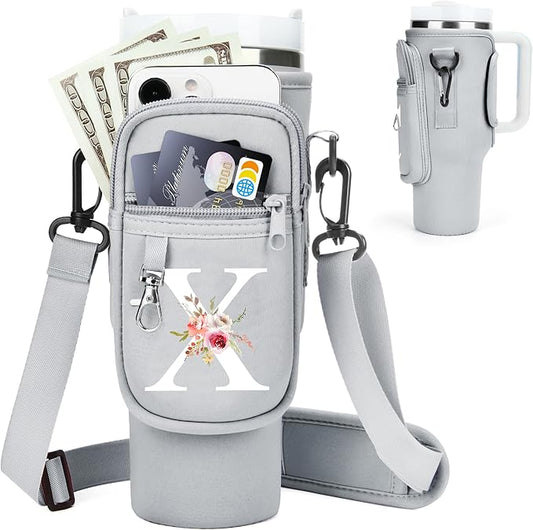 Initial Water Bottle Holder with Strap for Stanley 40 oz Tumbler/Simple Modern 40 oz Tumbler,Water Bottle Carrier Bag with Strap,Personalized A-Z Phone Pocket for Stanley Cup Accessories