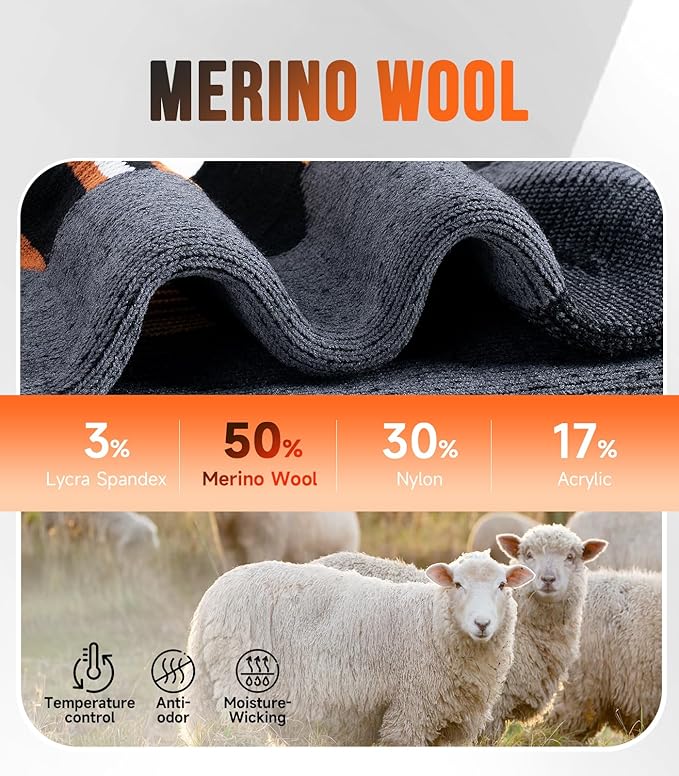 PULIOU Merino Wool Hiking Socks for Men & Women, 3 Pairs Cushioned Moisture Wicking Crew Boot Socks for Work & Outdoors