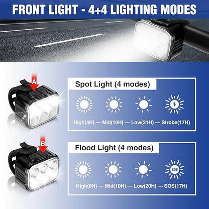 WORKPRO Bike Lights Set [8+13 Modes], Rechargeable Bicycle Light Set Ultra Bright, IP65 Waterproof Bike Lights for Night Riding, 1200mAh Bike Headlight and Tail Light Reflectors