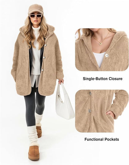 MANGOPOP Womens Fleece Jacket 2025 Winter Oversized Fuzzy Hooded Coat Button Cardigan Sherpa Sweaters Outerwear with Pockets