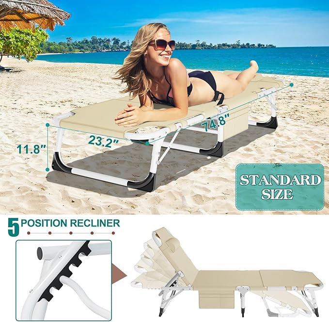 DoCred Heavy Duty Tanning Chair with Face Hole, Adjustable 5-Position Folding Chaise Lounge Chairs for Outside, Portable Lay Flat Beach Lounge Chair for Outdoor Sunbathing Beach Pool Lawn Camping