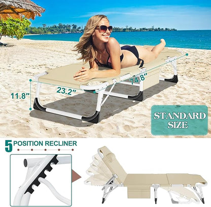 DoCred Heavy Duty Tanning Chair with Face Hole, Adjustable 5-Position Folding Chaise Lounge Chairs for Outside, Portable Lay Flat Beach Lounge Chair for Outdoor Sunbathing Beach Pool Lawn Camping