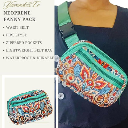 Yewande&co Neoprene Fanny Pack Belt Bag – Lightweight Waterproof Waist Bag with Adjustable Strap, 3 Zippered Pockets, Crossbody Belt Bag for Travel, African Design Crossbody Bags (Fire)