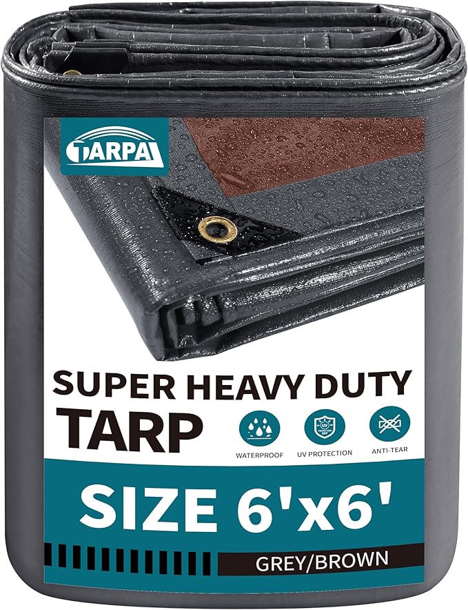 TARPAL tarp 6x6 Feet Super Heavy Duty Tarps Cover 20mil Waterproof UV Protection Rip and Tear Proof Tarpaulin with Grommets(Grey/Brown)