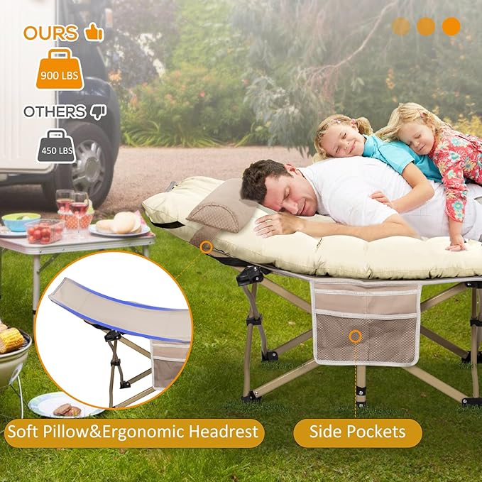 2 Pack Wide Folding Camping Cots with Pillow & Extra Thick 3 Inch Matress, Cots for Sleeping 900 LBS, Camping Bed for Adults with Cushion, Sleeping Cot (Cream)